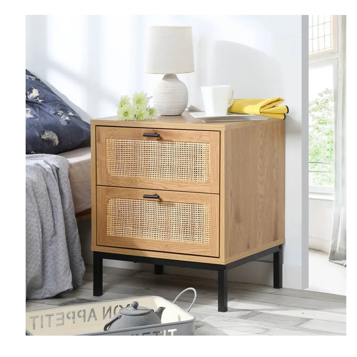 TU MESITA - MESA DE NOCHE BORGIAS CON REJILLA RATAN COLOR ROVERE 2 CAJONES TU MESITA