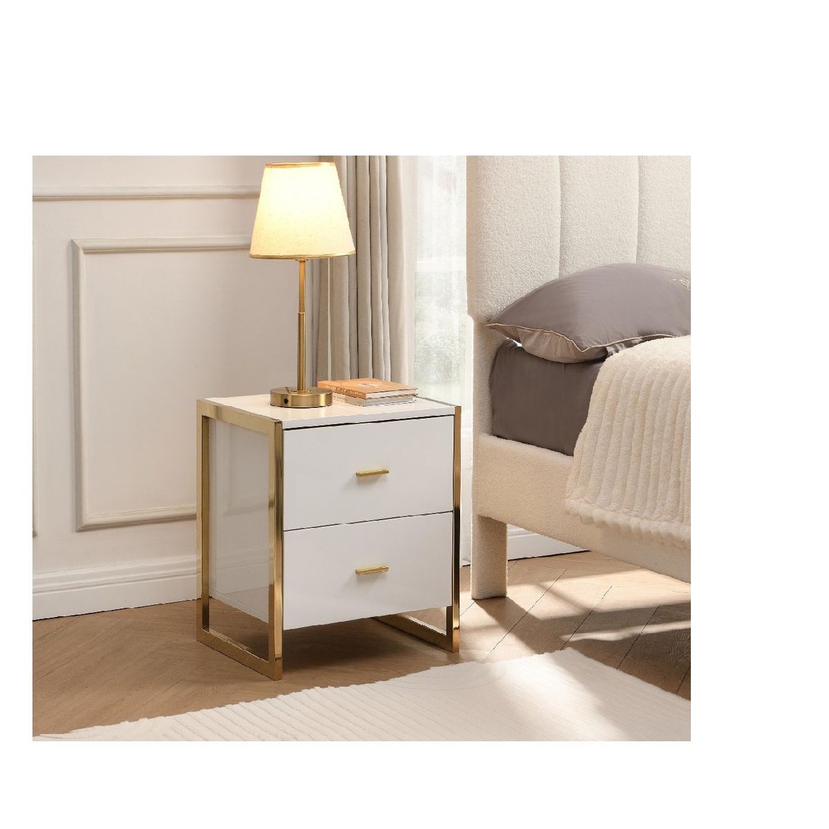 TU MESITA - VELADOR MESA DE NOCHE ELEGANTE MURCIA COLOR BlANCODORADO 2 CAJONES TU MESITA