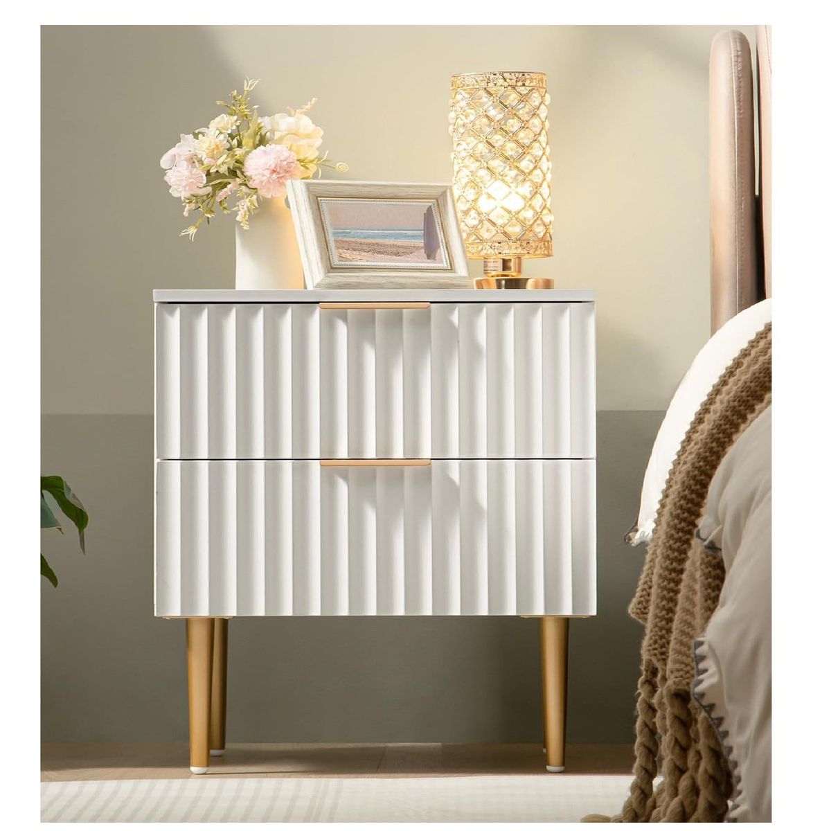 TU MESITA - Velador Mesa de Noche Rosmery Acanalada color Blanco 2 cajones TU MESITA