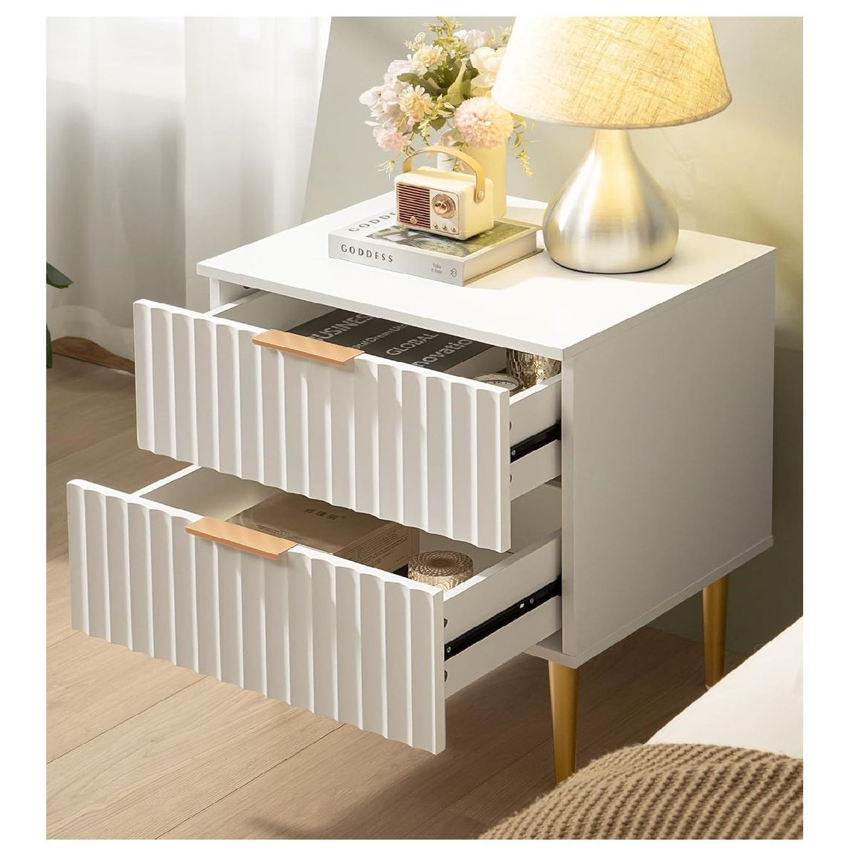 TU MESITA - Velador Mesa de Noche Rosmery Acanalada color Blanco 2 cajones TU MESITA