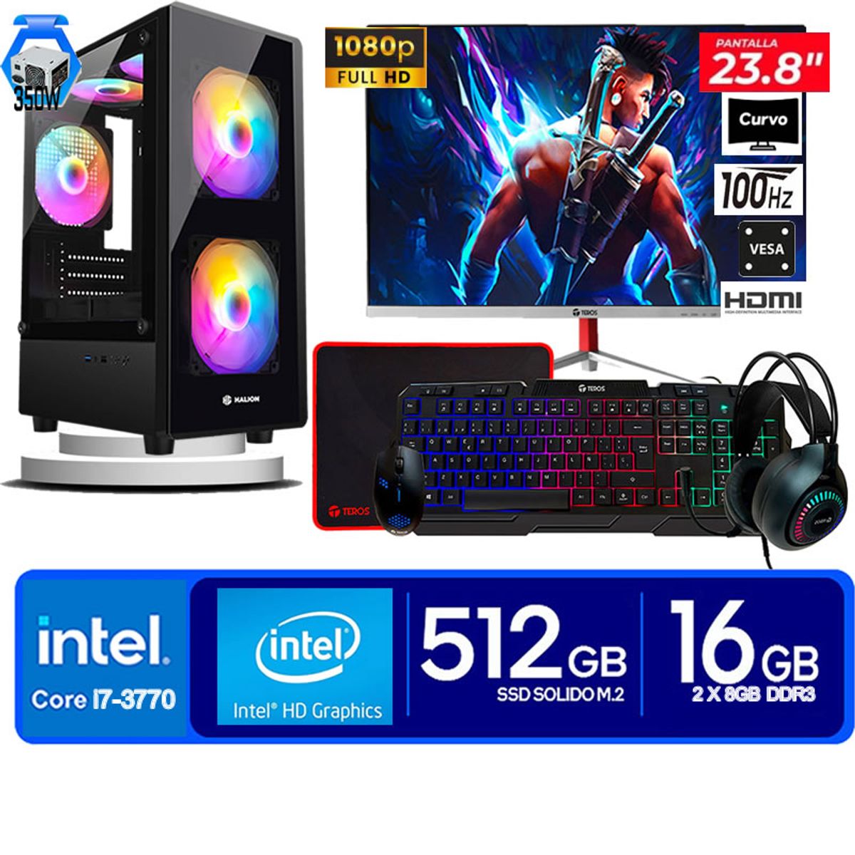 HALION - Computadora Pc Intel Core i7 3770  Monitor 24 fhd' RAM 16 GB SSD 500 GB