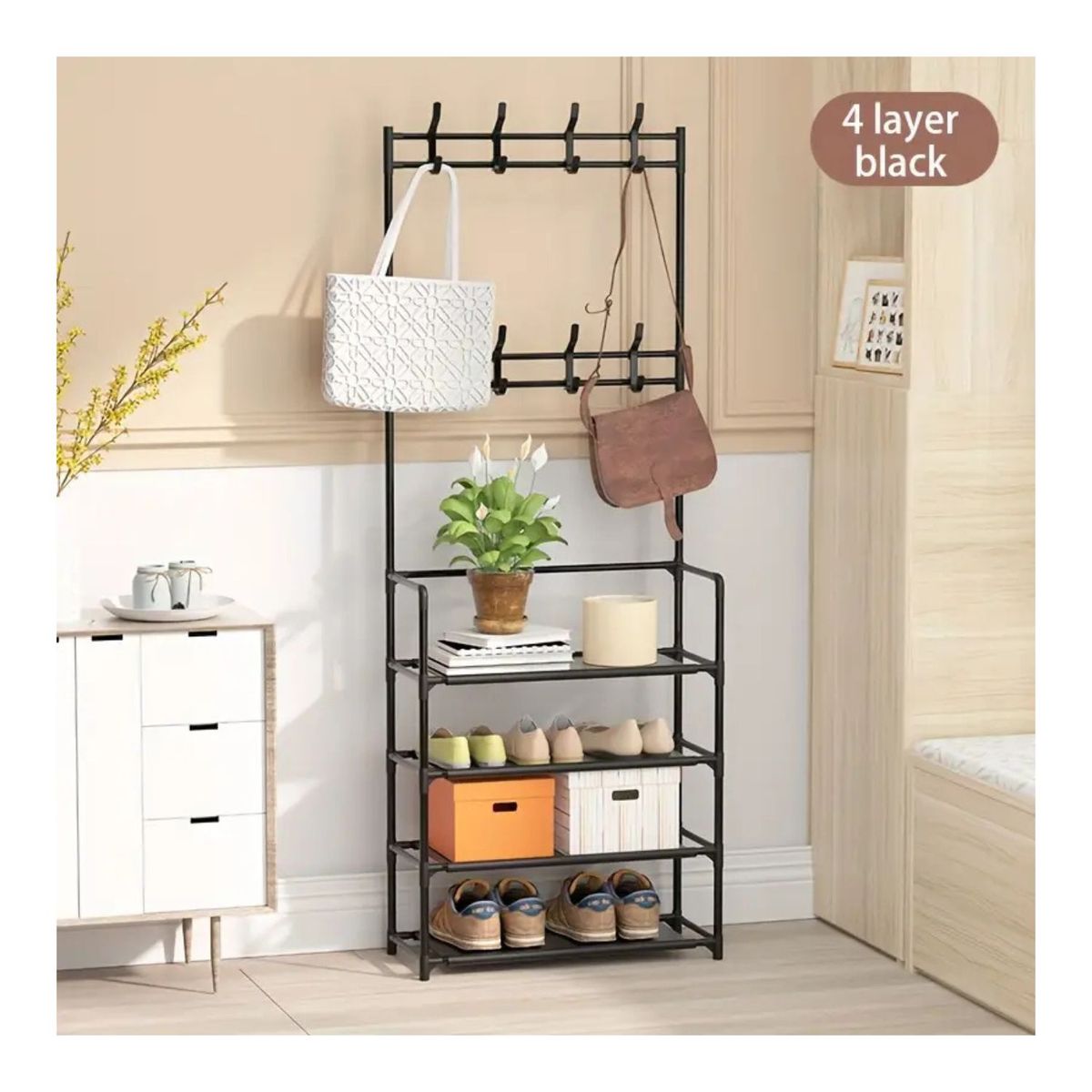 PERU IMPORTACIONES - ZAPATERA MÁS PERCHERO 4 NIVELES -BLANCO - PARA ZAPATOS ROPAS CARTERAS