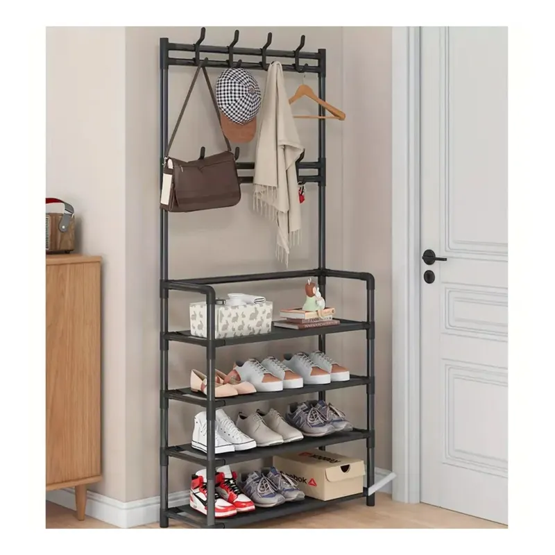 PERU IMPORTACIONES - ZAPATERA MÁS PERCHERO 4 NIVELES -NEGRO - PARA ZAPATOS ROPAS CARTERAS