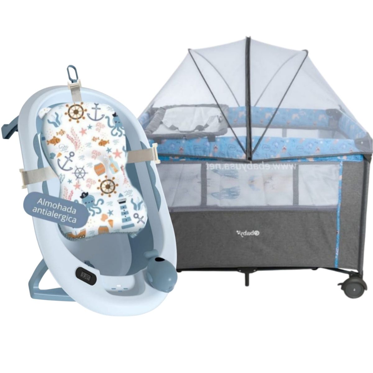 EBABY - Cuna Colecho NALA AZUL +Tina cojín con temporizador C