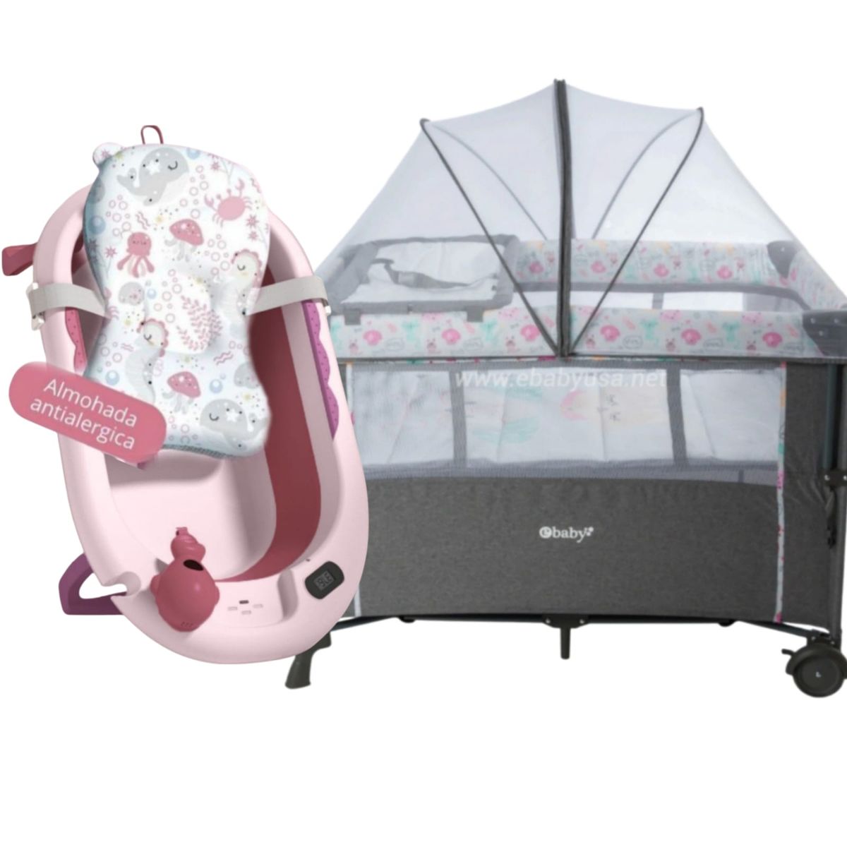 EBABY - Cuna Colecho NALA ROSA+Tina cojín con temporizador ROSA