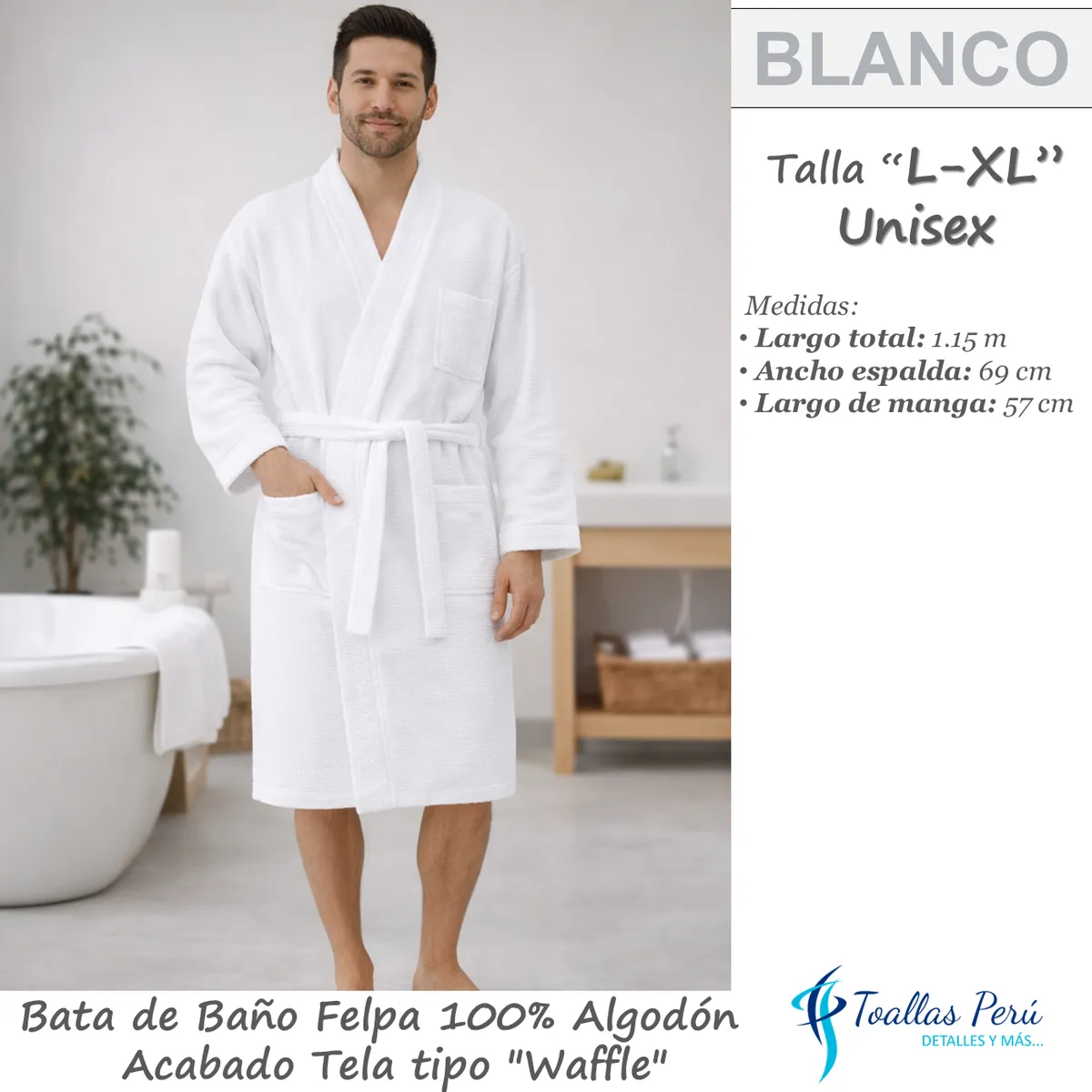 TOALLAS PERU DETALLES Y MAS - Bata de Baño Felpa 100% Algodón - Talla L-XL Blanco acabado Waffle