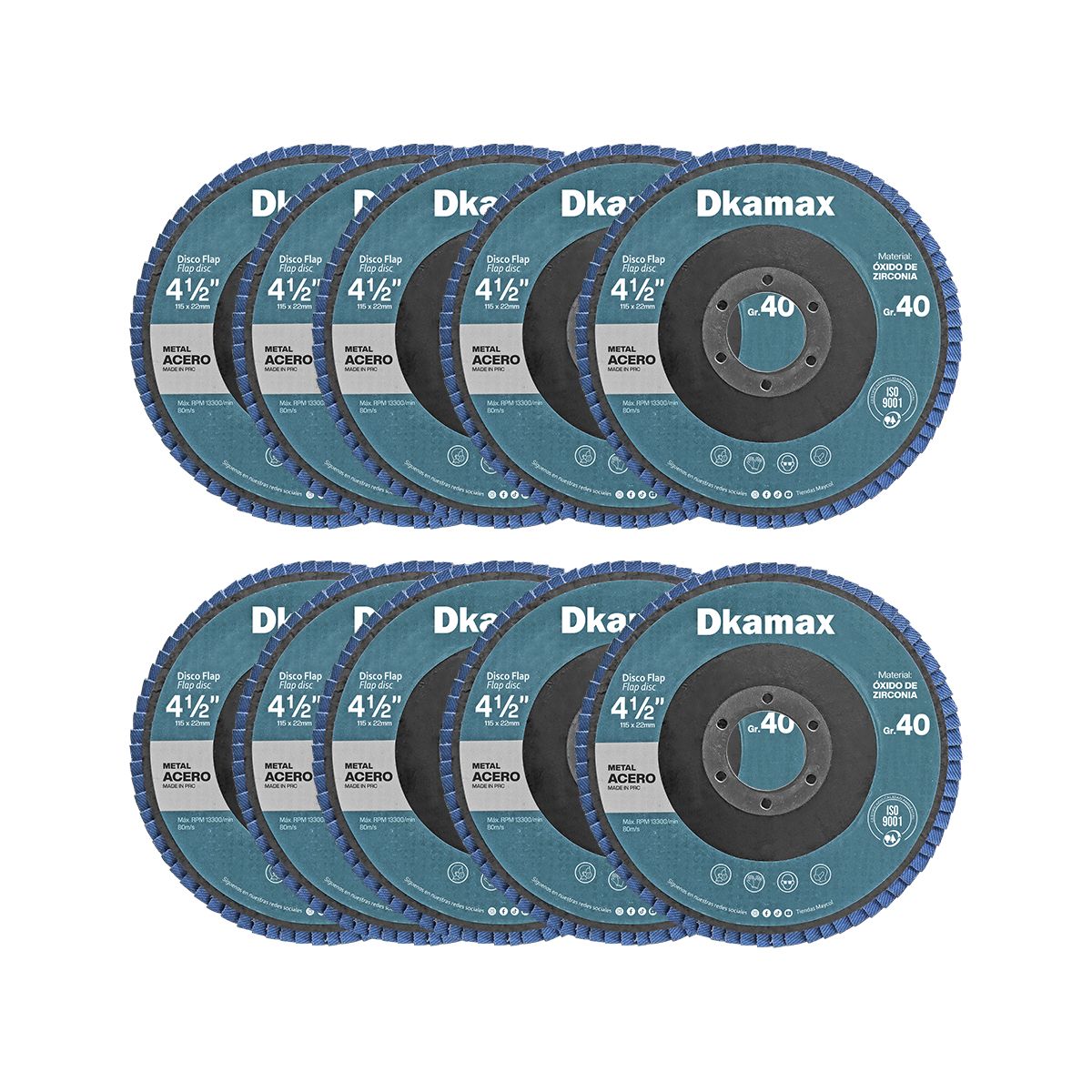 DKAMAX - Pack x10 discos flap de zirconia 4 1 / 2 " grano P40 DKAMAX