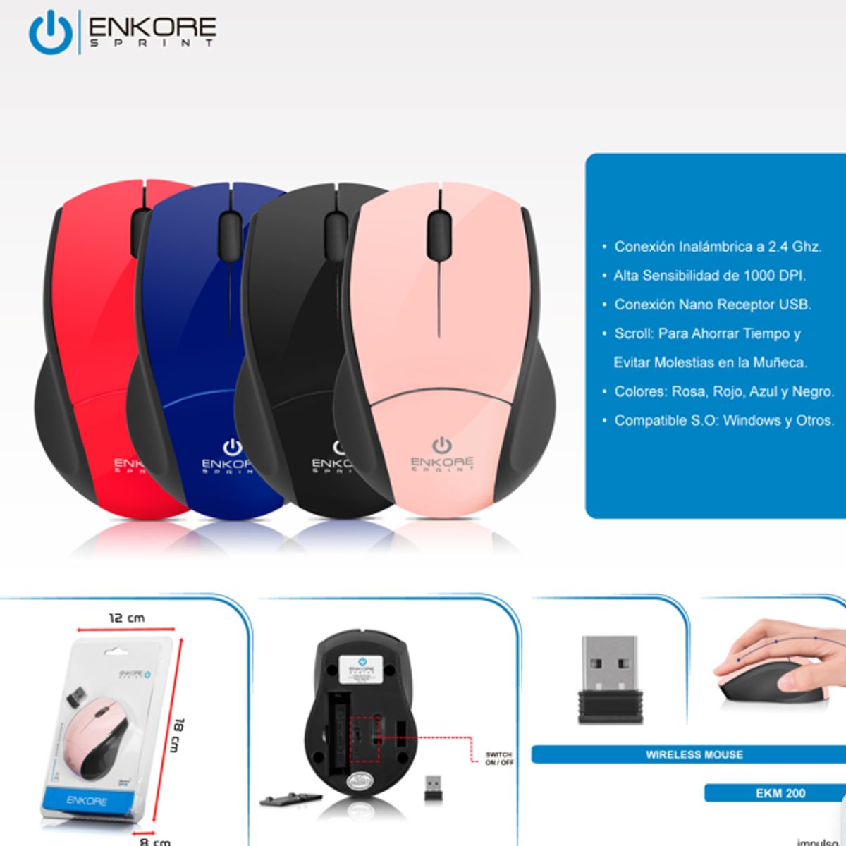 ENKORE - Mouse Office Inalambrico SPRINT BLK EKM200 WIFI ENKORE