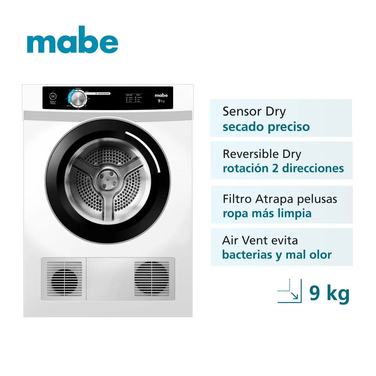 MABE - Secadora Eléctrica Mabe Carga Frontal 9kg con Evacuación SEM090VBBB0