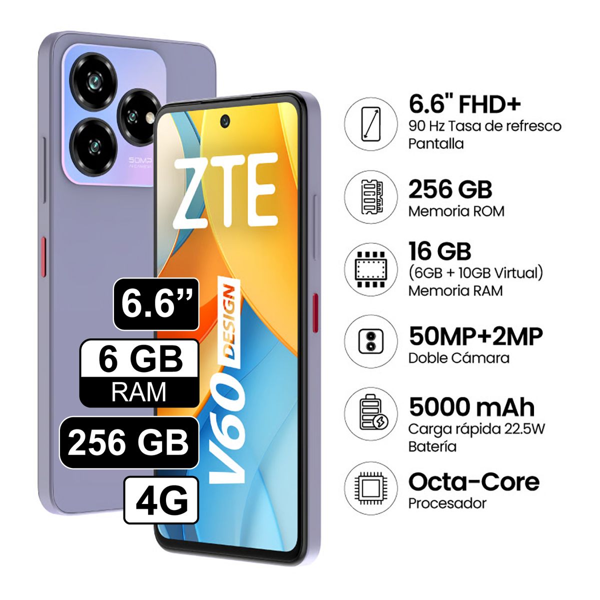 ZTE - Celular Zte Blade V60 256GB 6GB RAM cámara 50MP + 2MP + 2MP frontal 32MP 66 Pulg Lila