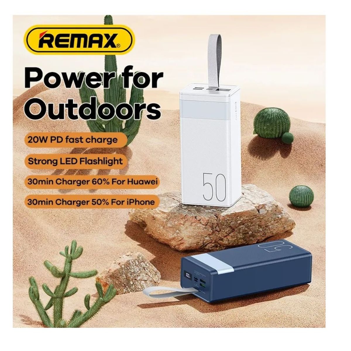 REMAX - CARGADOR PORTÁTIL    with Light 50000 mAh 20W+22.5W CARGA RAPIDA, BLANCO