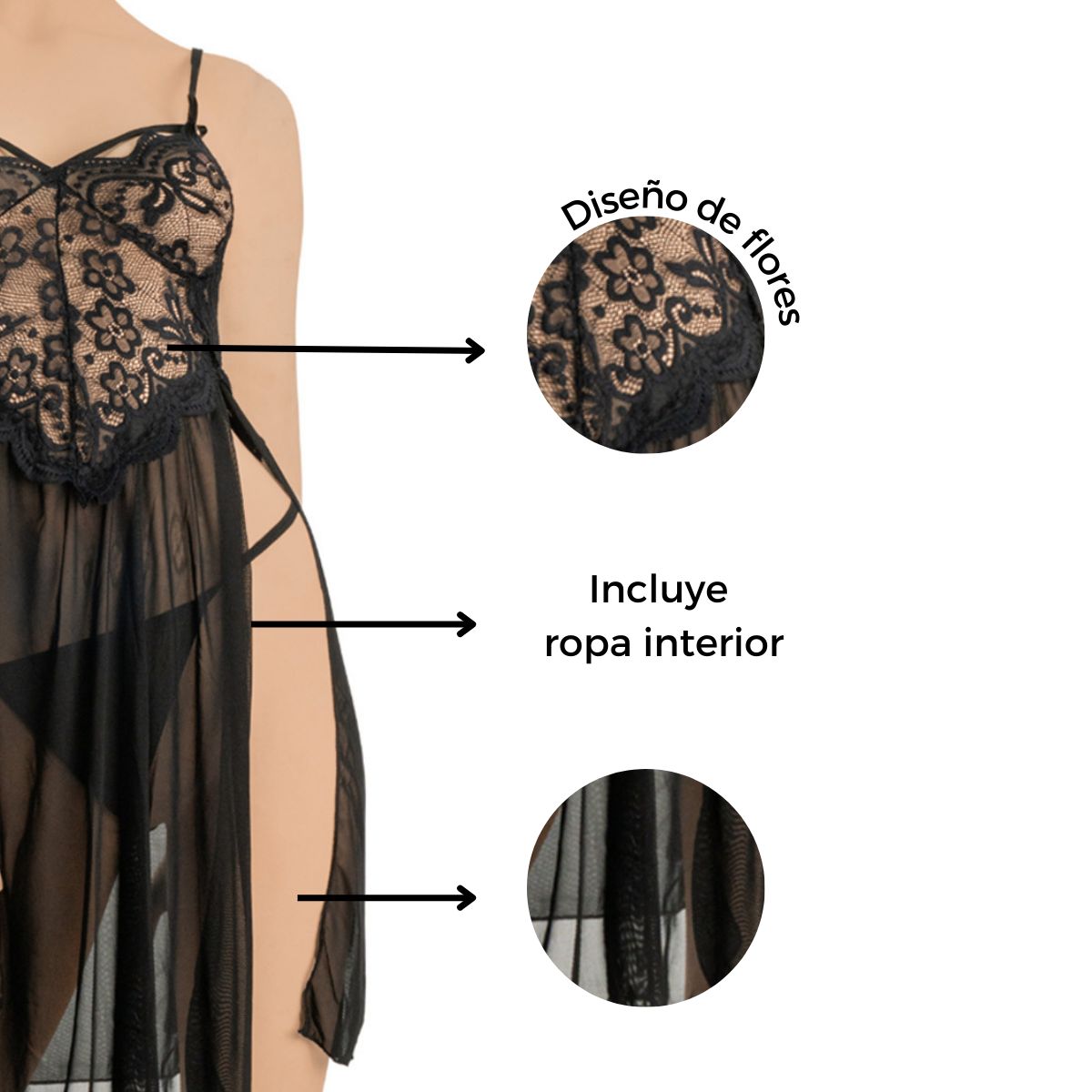 GENERICO - Sexy Lencería Mujer con Tiras de Encaje - Color Negro Talla S