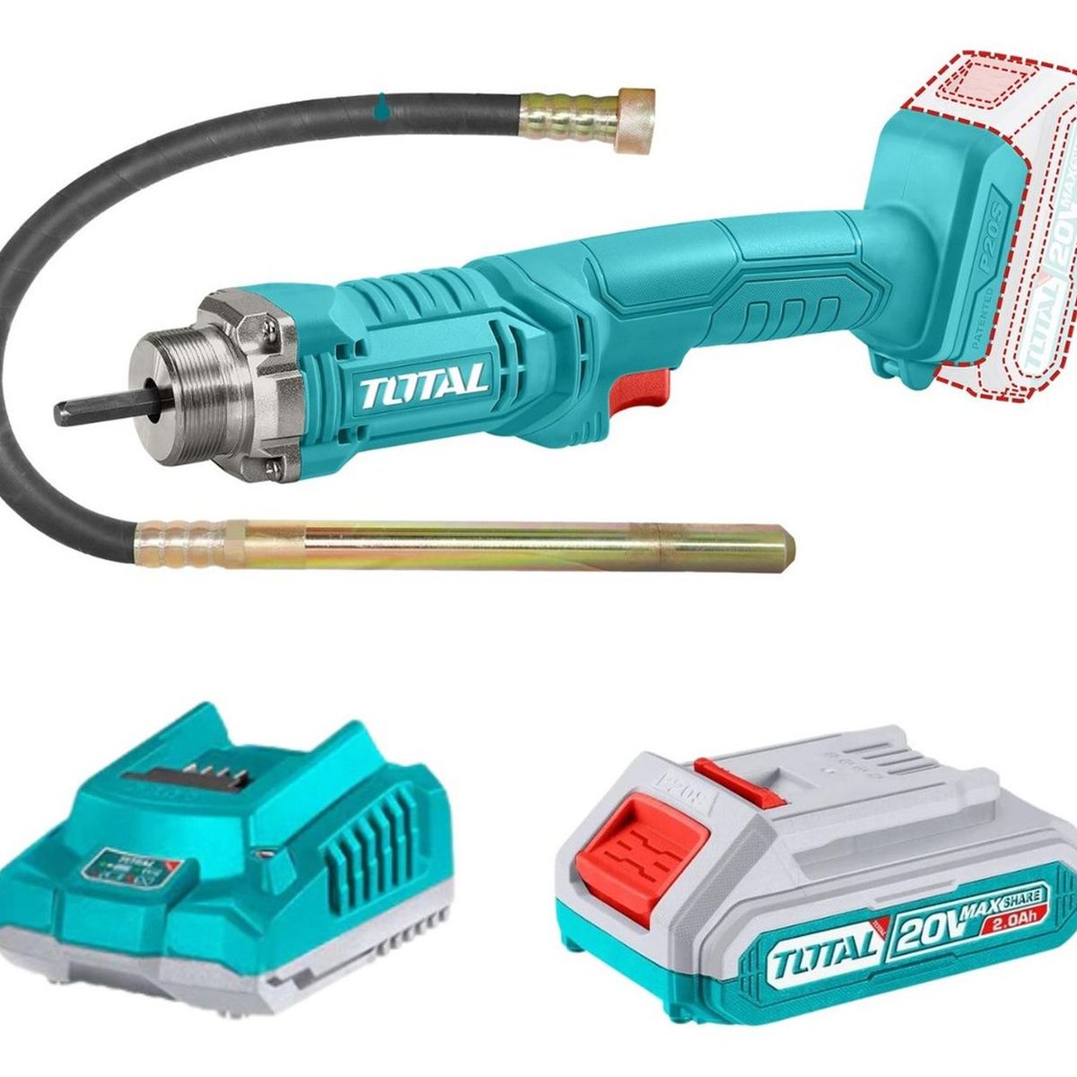 TOTAL TOOLS - Vibrador de concreto 20v + bateria + cargador y manguera Total