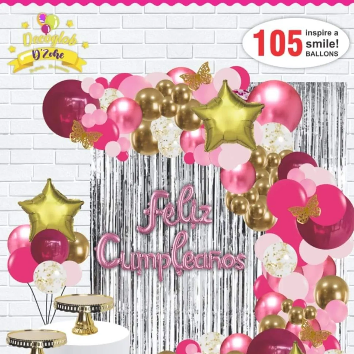 GENERICO - ARCO Y SET DE GLOBOS  DE ALTA CALIDAD  FUXIA Y DORADO