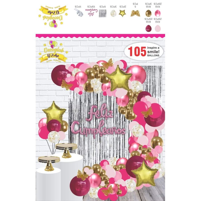 GENERICO - ARCO Y SET DE GLOBOS  DE ALTA CALIDAD  FUXIA Y DORADO