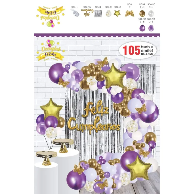 GENERICO - ARCO Y SET DE GLOBOS  DE ALTA CALIDAD  MORADOL,LILA Y DORADO