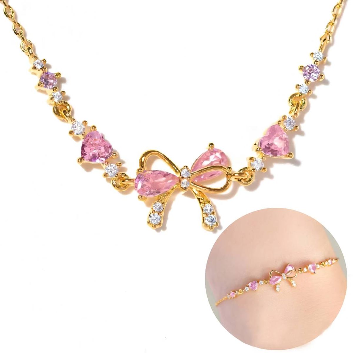 NO LOGO - Pulsera de cadena de corazón de amor con lazo de circón rosa