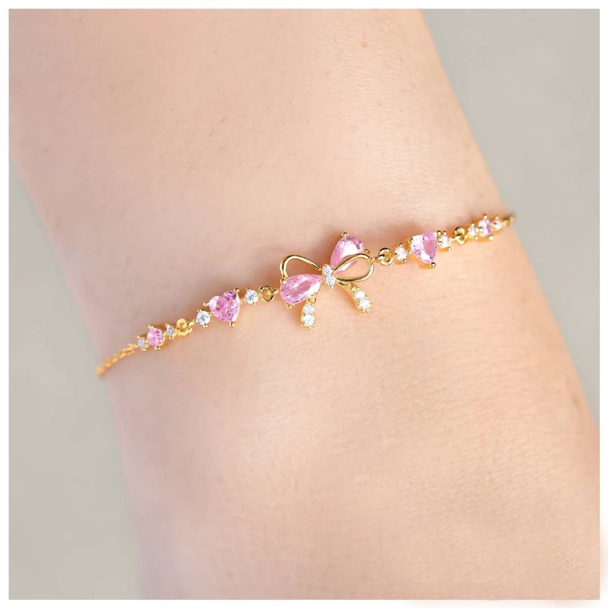 NO LOGO - Pulsera de cadena de corazón de amor con lazo de circón rosa