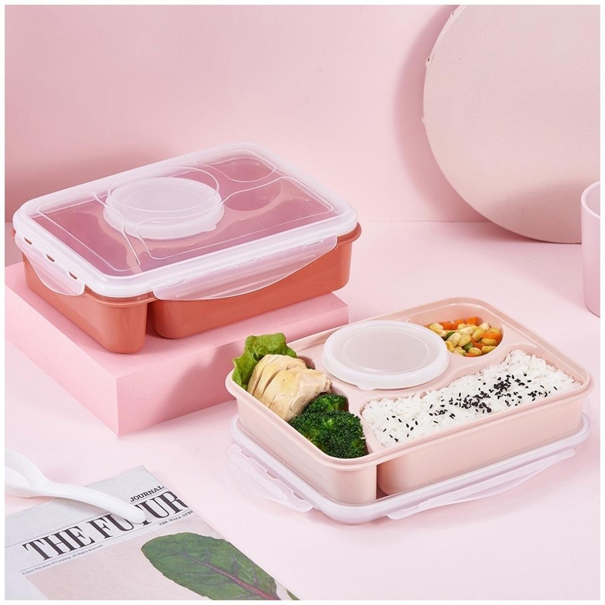 MINARI - Lonchera Táper de Comida Alimentos 4 Divisiones + Cubierto Rosa 70V