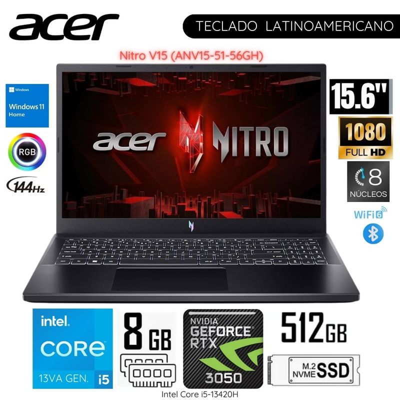 ACER - Laptop Acer Nitro V15 Intel Core i5-13420H 8GB RAM 512GB SSD 15.6"  FHD RTX3050-6GB - ANV15-51-56GH