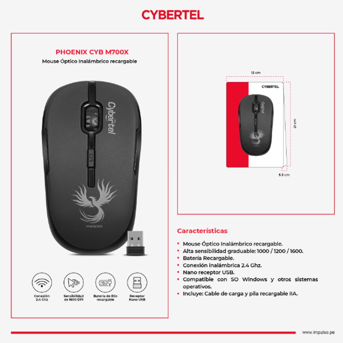 CYBERTEL - Mouse PHOENIX BLK CYB M700x WIFI Wireless CYBERTEL