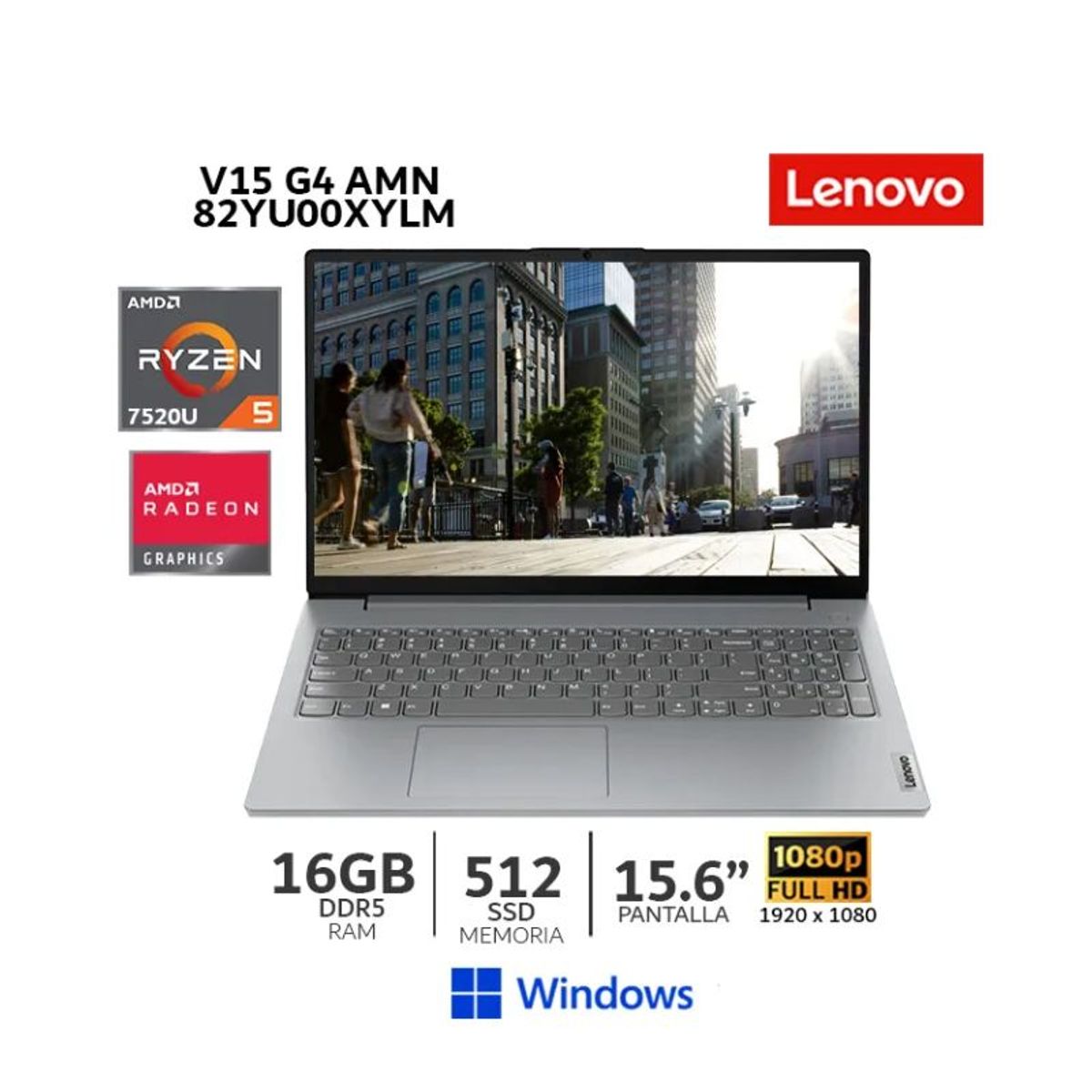 LENOVO - Laptop Lenovo V15 G4 AMN AMD Ryzen 5 7520U,16Gb Ram, 512Gb SSD,15.6” FHD, Wind 82YU00XYLM