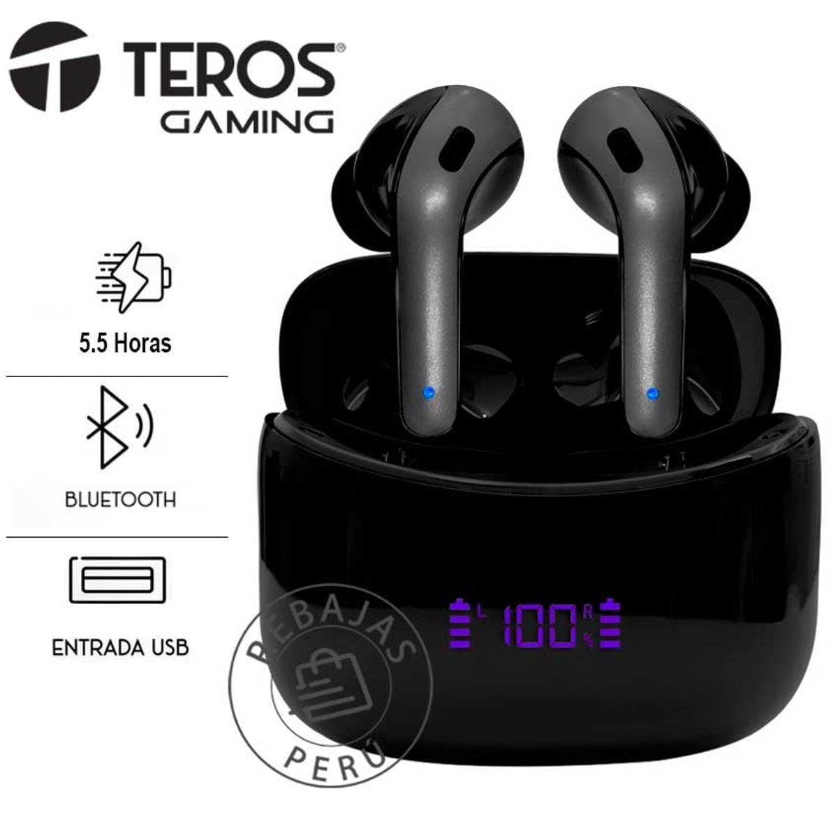 TEROS - Audífonos Bluetooth TEROS TE-8074N TWS 55h Música IPX5 Negro
