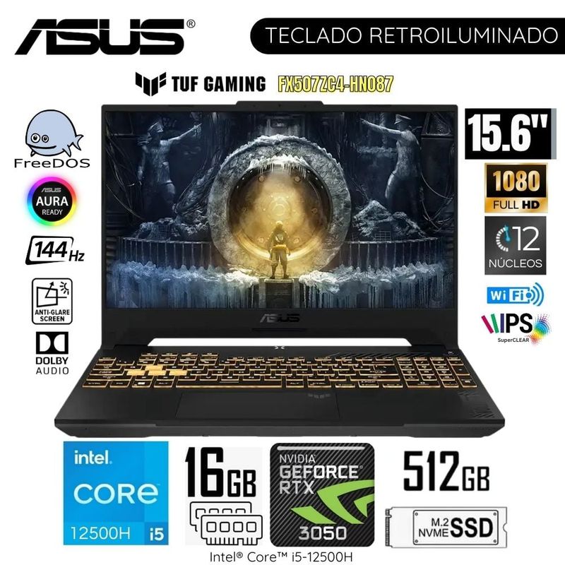 ASUS - Laptop Asus Tuf Gaming FX507ZC4-HN087 15.6"  FHD Intel Corei5-12500H 16GB RAM 512GB SSD FreeDos