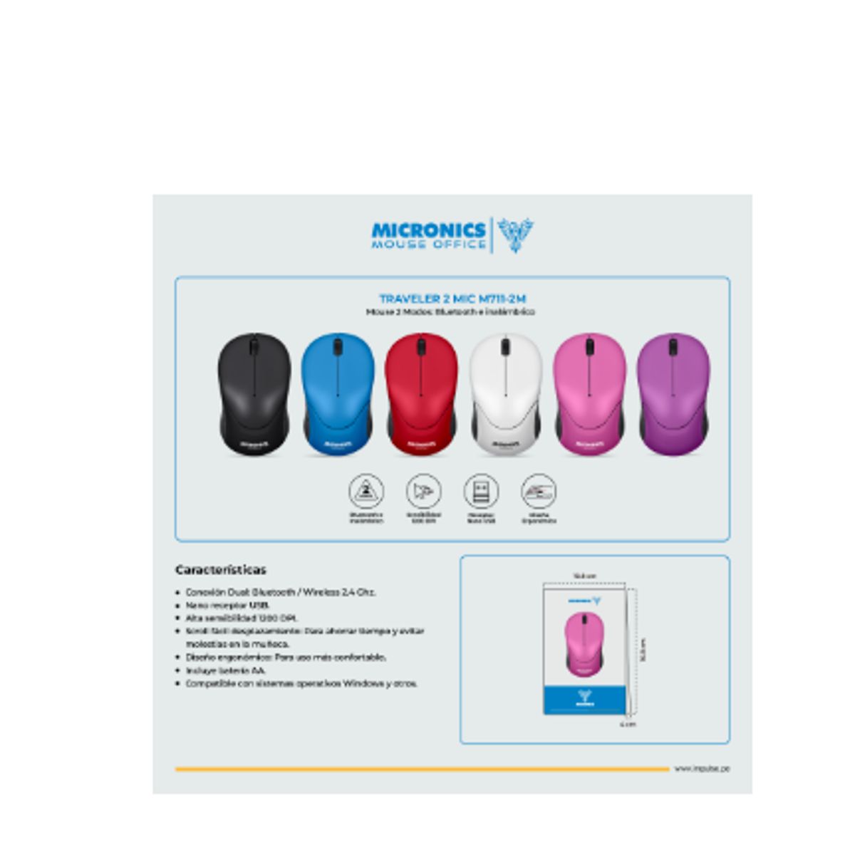 MICRONICS - Mouse Inalambrico TRAVELER MIC M711-2M BT+WIFI Negro MICRONICS