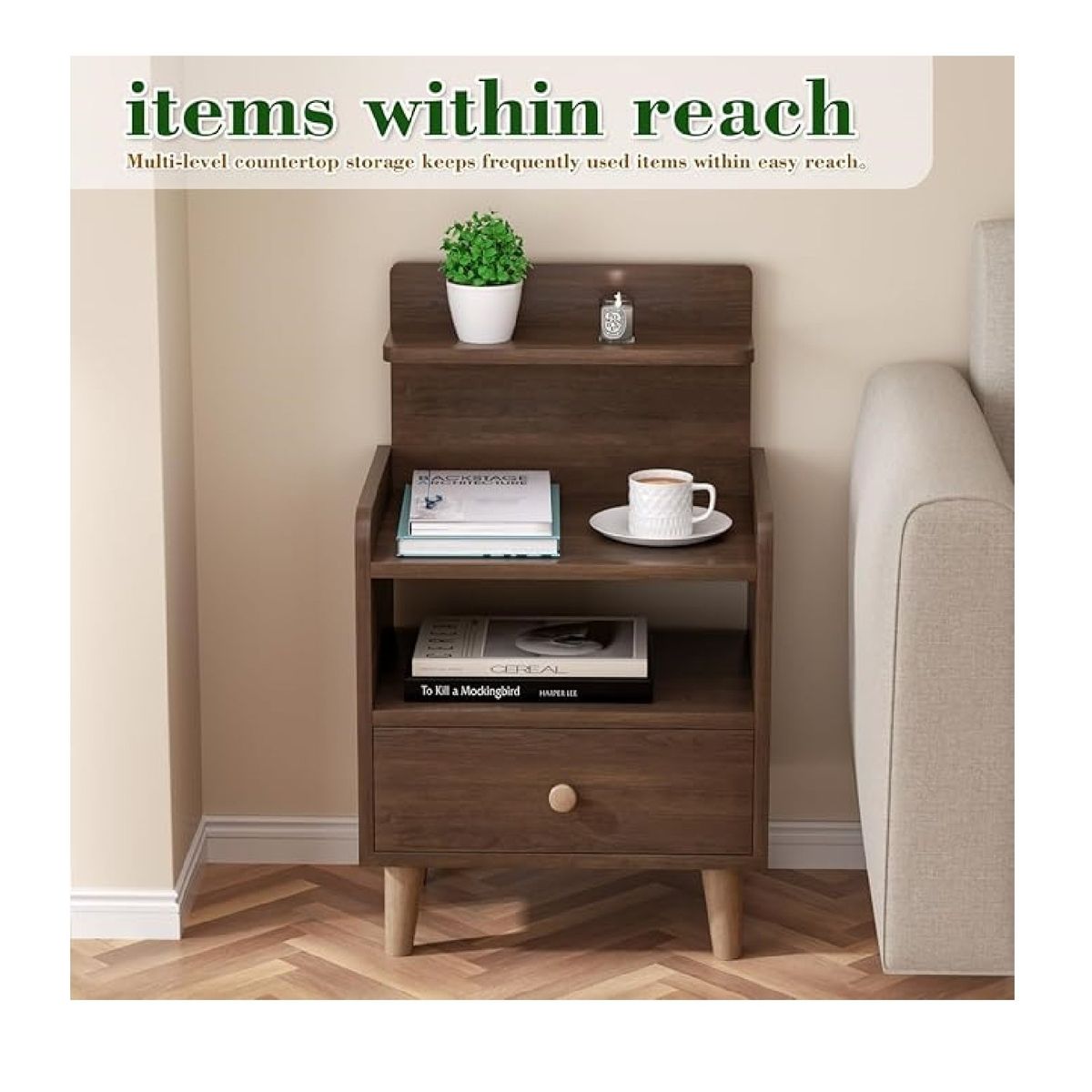 TU MESITA - Mesa de Noche Multiusos Yida Marrón 1 cajón mas Repisas TU MESITA