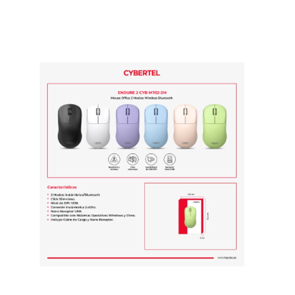 CYBERTEL - Mouse Inalambrico ENDURE 2 BLACK CYB M702N-2M BT WIFI NUDE CYBERTEL