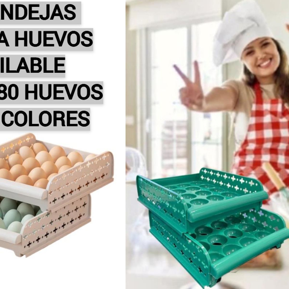GENERICO - PORTA HUEVOS CONTENEDOR 80 HUEVOS 4 BANDEJAS ORGANIZADOR GRIS Y VERDE