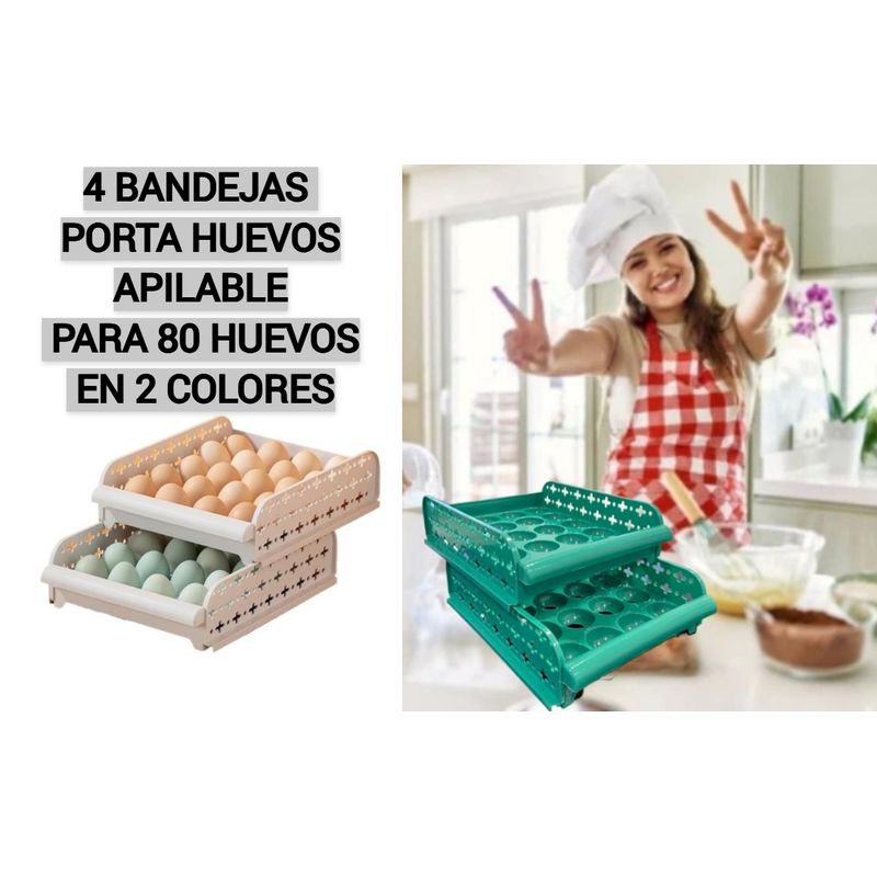 GENERICO - PORTA HUEVOS 4 BANDEJAS ORGANIZADOR DE 80 HUEVOS CONTENEDOR GRIS Y VERDE