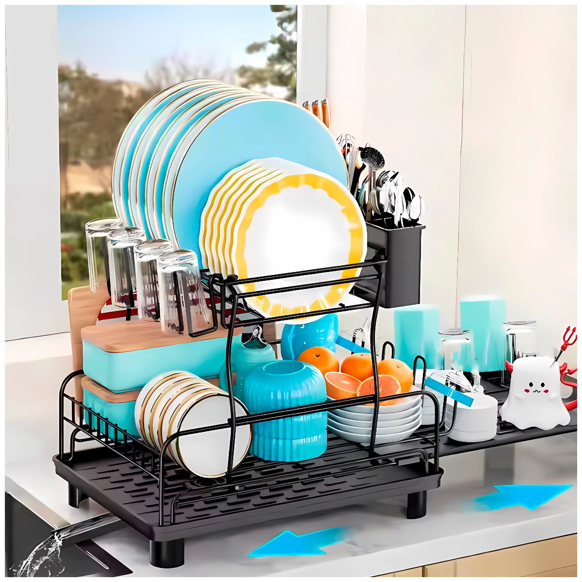 GENERICO - Estante de secado de platos de 2 niveles con bandeja