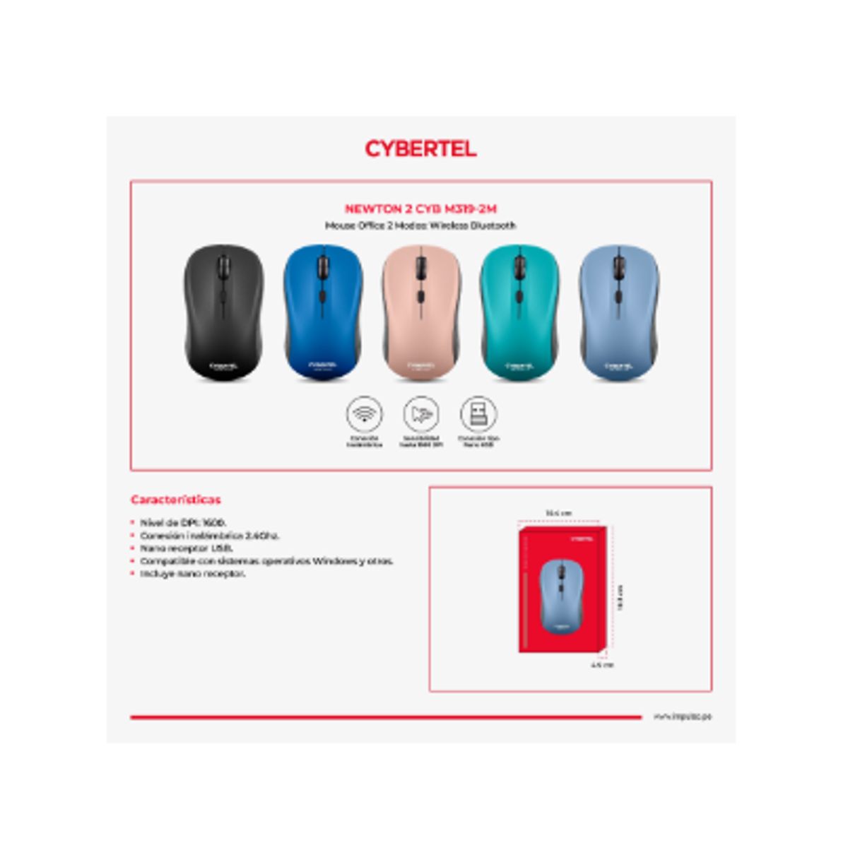 CYBERTEL - Mouse Inalambrico NEWTON 2 CYB M319-2M BT+WIFI CYBERTEL