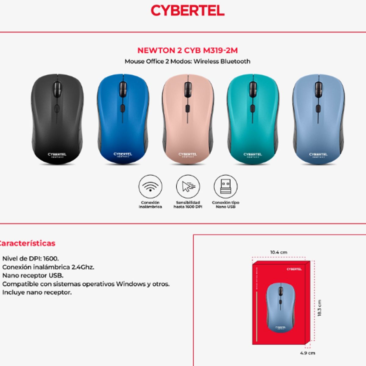 CYBERTEL - Mouse Inalambrico NEWTON 2 CYB M319-2M BT+WIFI CYBERTEL