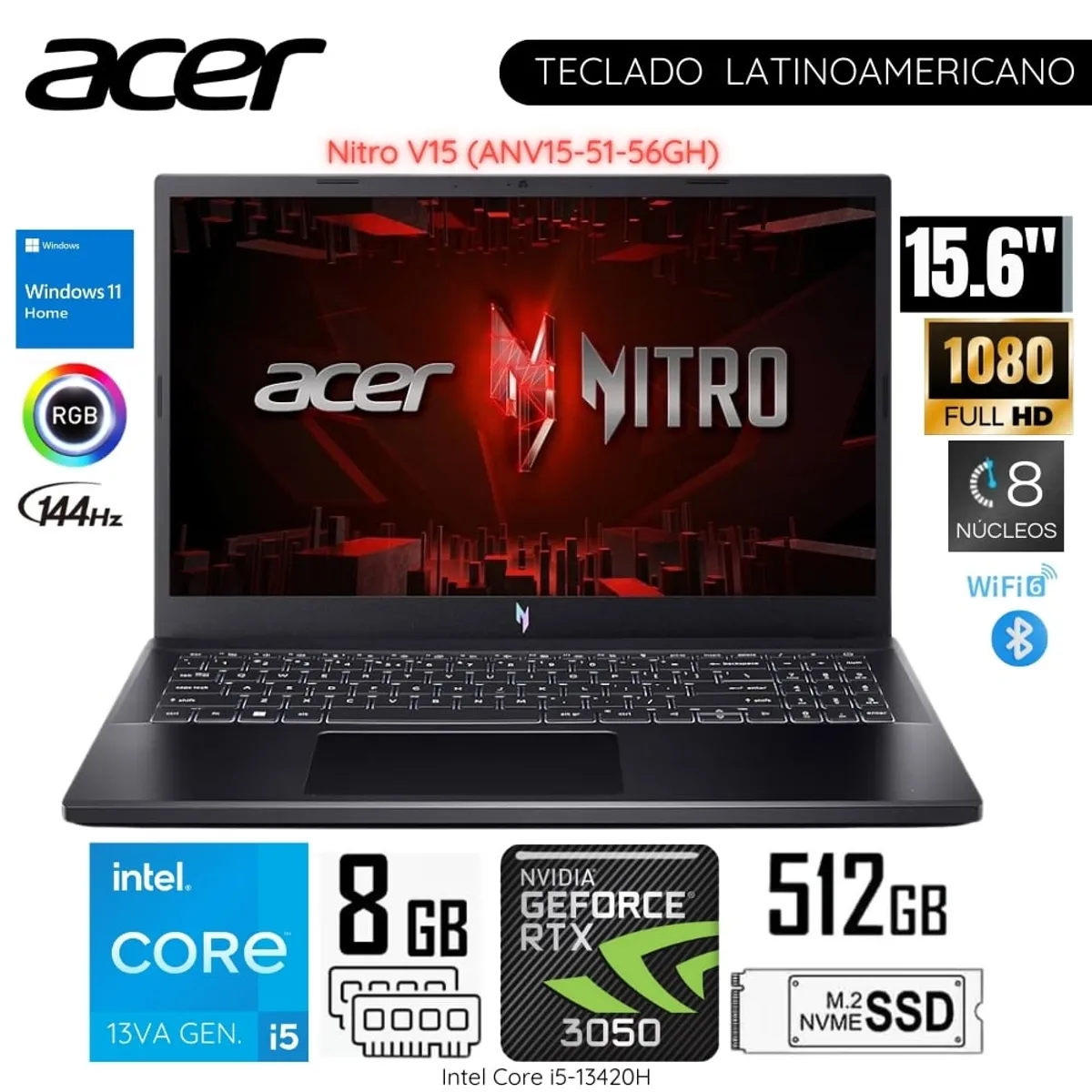 ACER - Laptop Acer Nitro V15 Intel Core i5-13420H 8GB RAM 512GB SSD 15.6"  FHD RTX3050-6GB - ANV15-51-56GH