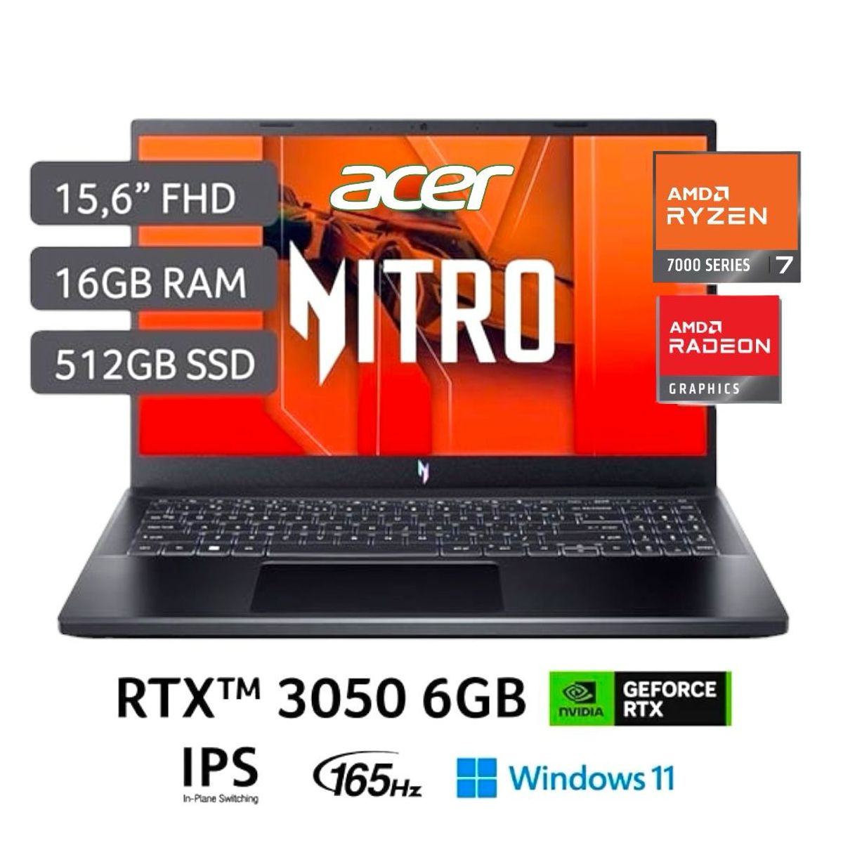 ACER - Laptop Gamer Acer Ryzen 7 7735HS RTX3050-6GB 16GB RAM 512SSD 165Hz Win11 ANV15-41-R6ZZ