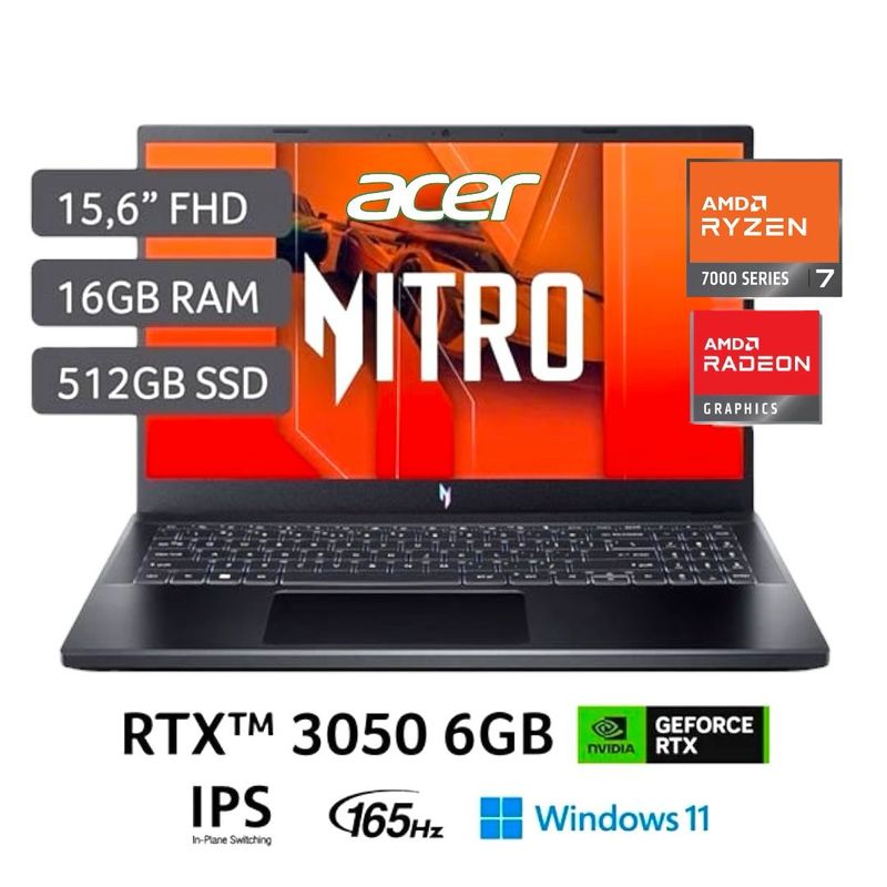 ACER - Laptop Gamer Acer Nitro ANV15-41-R6ZZ RYZEN 7 7735HS 16GB RAM 512SSD RTX3050-6GB 165Hz WIN11