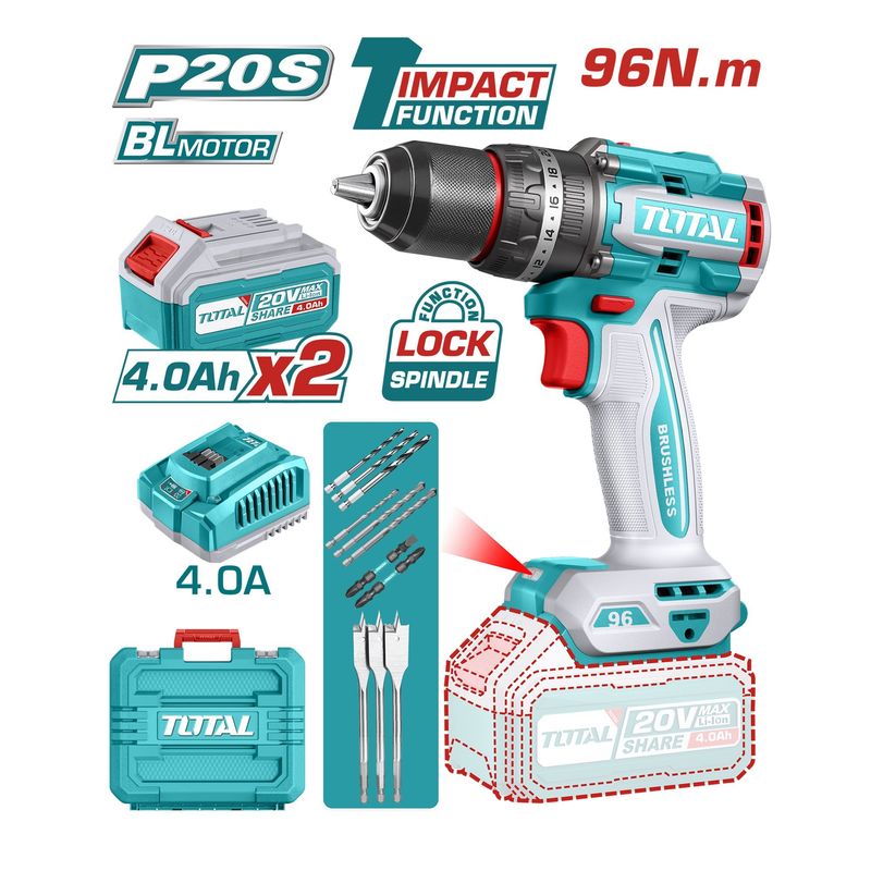 TOTAL TOOLS - TALADRO PERCUTOR 20V 96NM INDUSTRIAL13MM BRUSHLESS TOTAL TIDLI20968