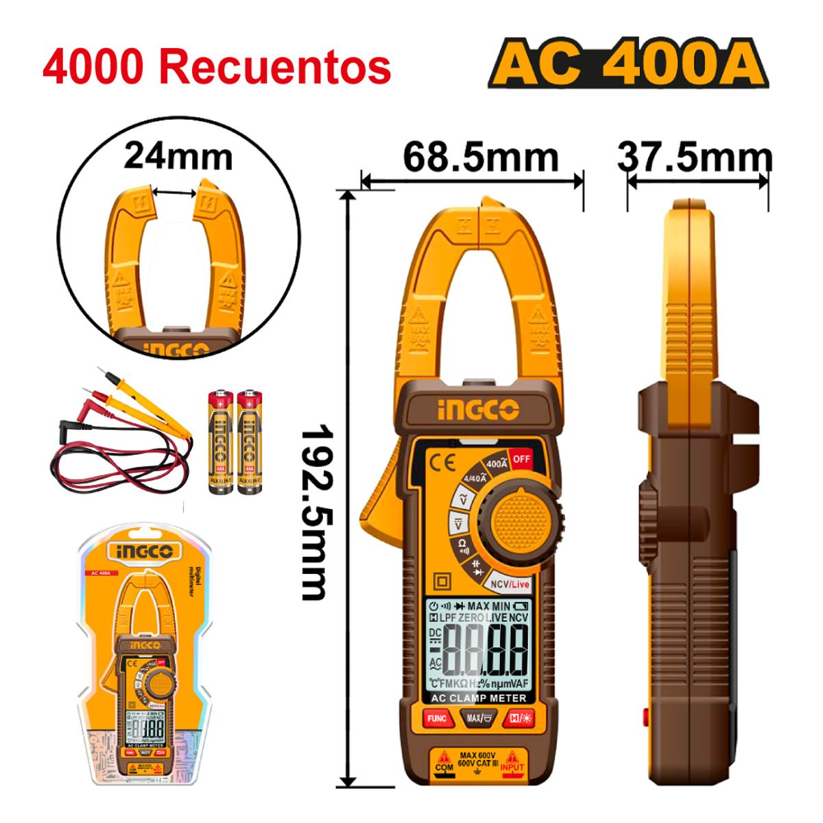 INGCO TOOLS - PINZA AMPERIMÉTRICA DIGITAL INGCO AC 400A 4000 RECUENTOS DCM62001