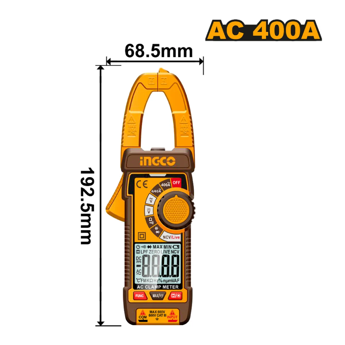 INGCO TOOLS - PINZA AMPERIMÉTRICA DIGITAL INGCO AC 400A 4000 RECUENTOS DCM62001