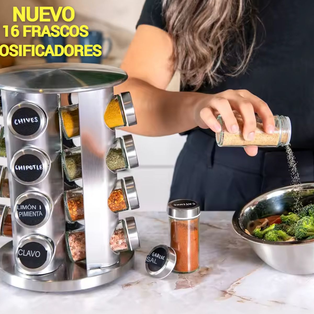 GENERICO - ESTANTE CONDIMENTERO ESPECIERO GIRATORIO 16 FRASCOS ACERO INOXIDABLE