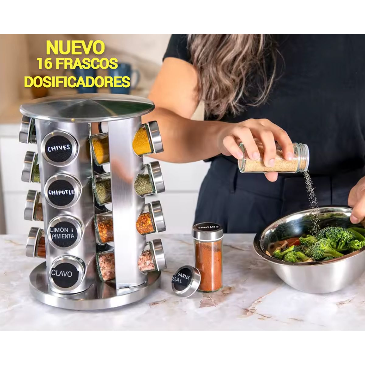 GENERICO - ESTANTE CONDIMENTERO ESPECIERO GIRATORIO 16 FRASCOS ACERO INOXIDABLE