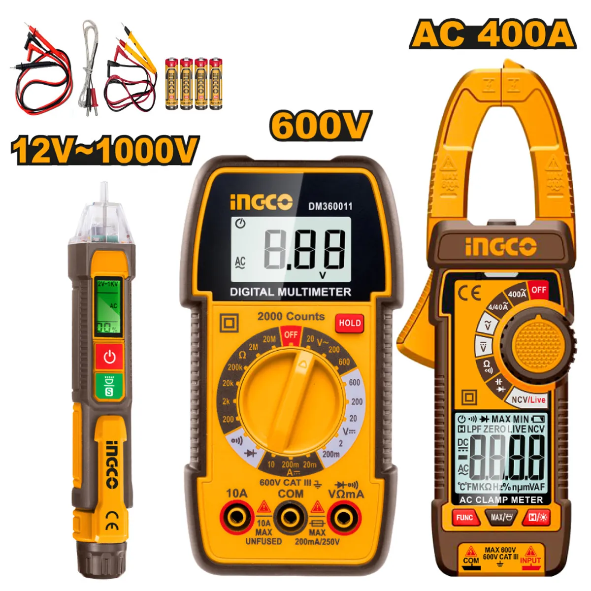 INGCO TOOLS - AMPERÍMETRO DCM62001 + MULTÍMETRO DM360011 + DETECTOR VOLTAJE VD210003