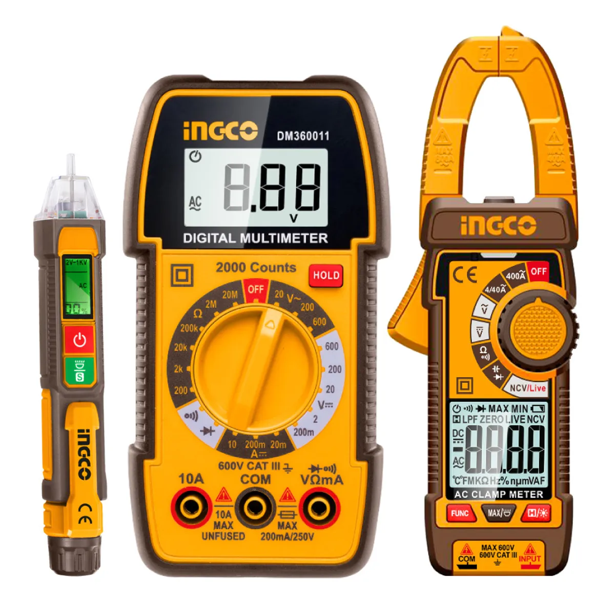 INGCO TOOLS - AMPERÍMETRO DCM62001 + MULTÍMETRO DM360011 + DETECTOR VOLTAJE VD210003