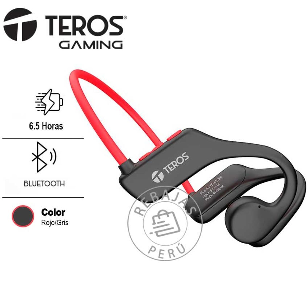 TEROS - Audífonos Conducción de Aire TEROS TE-8078R Bluetooth IPX5 Rojo Gris