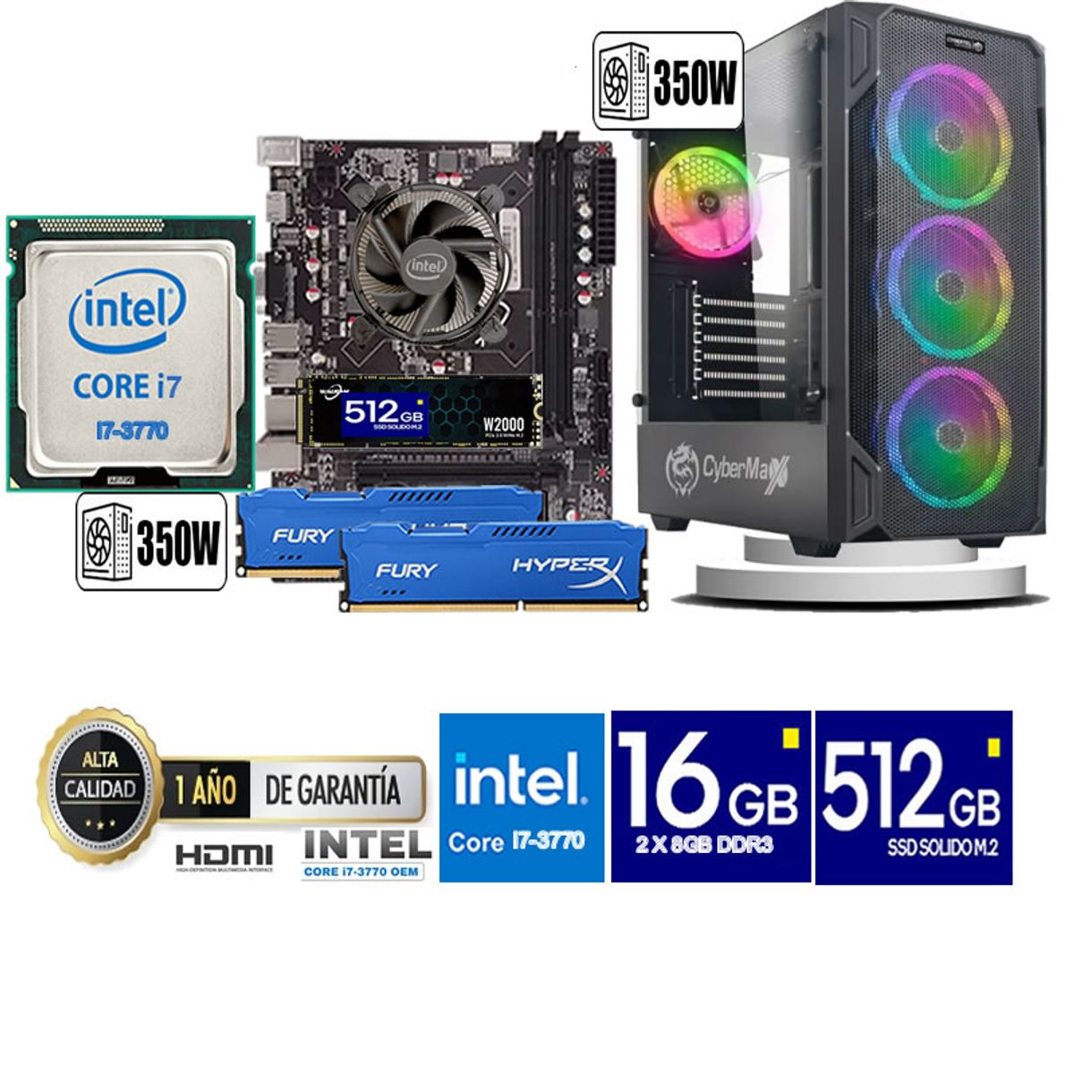 CYBERTEL - Computadora Pc Intel Core i7 3770  Monitor 24 fhd' RAM 16 GB SSD 500 GB