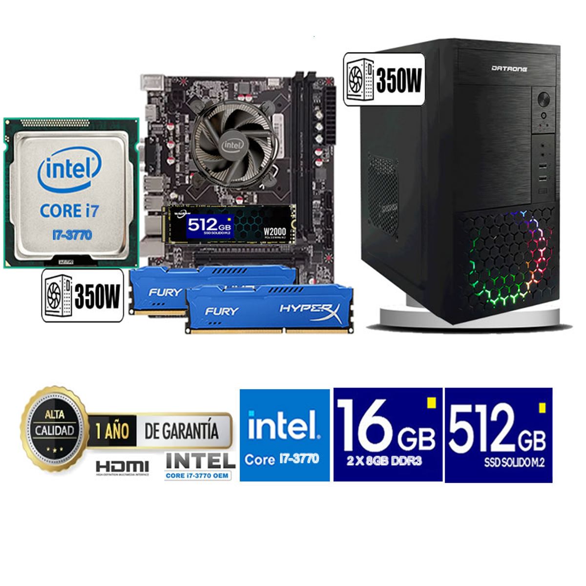 DATAONE - Computadora Pc Intel Core i7 3770  Monitor 24 fhd' RAM 16 GB SSD 500 GB