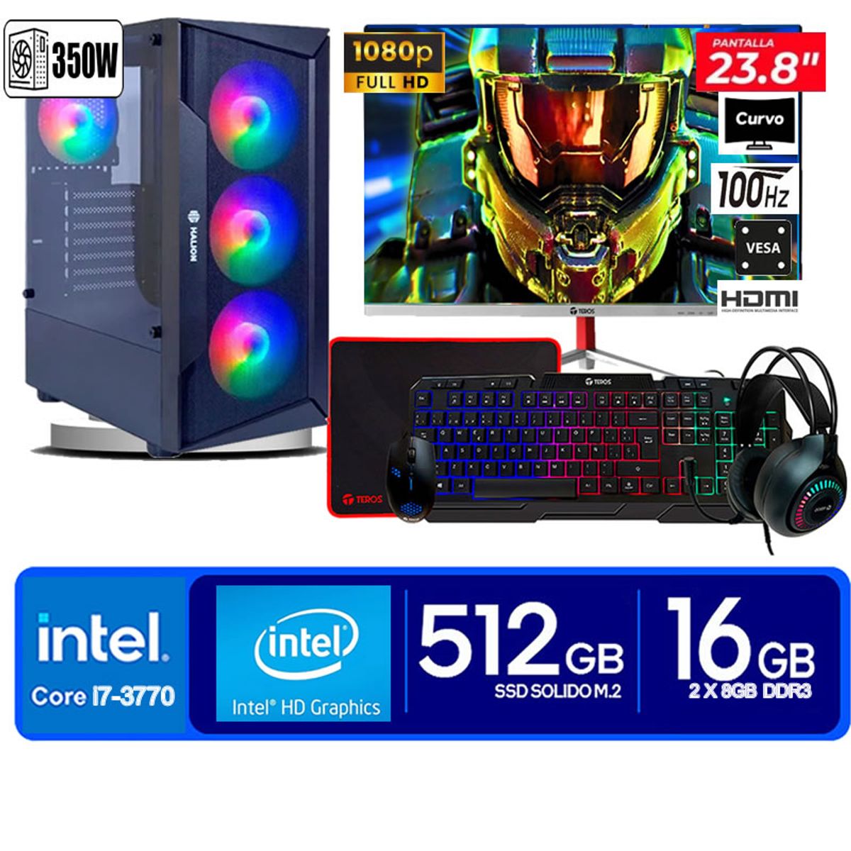 HALION - Computadora Pc Intel Core i7 3770  Monitor 24 fhd' RAM 16 GB SSD 500 GB